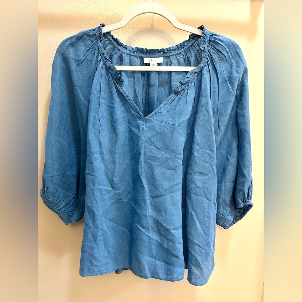 J Jill Women's Petite Top 100% Linen Peasant Prairie Boho Cornflower Blue Size M